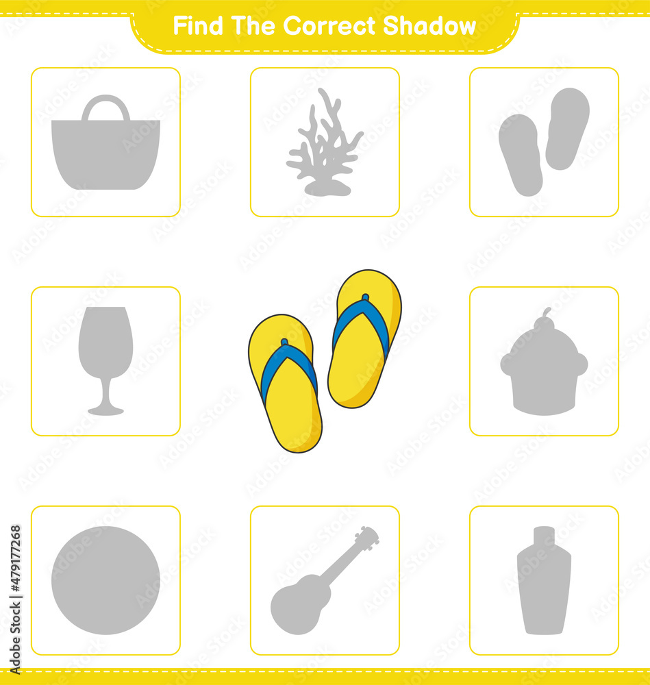 Find the correct shadow. Find and match the correct shadow of Flip Flop. Educational children game, printable worksheet, vector illustration Find the correct shadow. Find and match the correct shadow of Flip Flop. Educational children game, printable worksheet, vector illustration