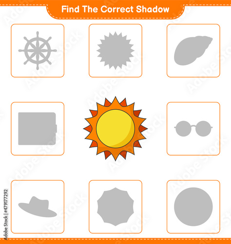 Find the correct shadow. Find and match the correct shadow of Sun. Educational children game, printable worksheet, vector illustration