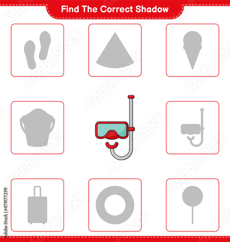 Find the correct shadow. Find and match the correct shadow of Scuba Diving Mask. Educational children game, printable worksheet, vector illustration