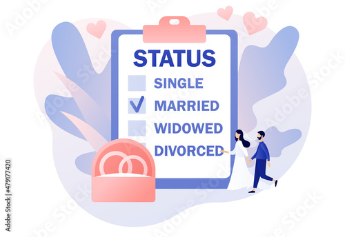 Marital status of couple. Legal status change. Checkbox list with single, married, widowed and divorced options for tiny people. Relationship concept. Modern flat cartoon style. Vector illustration