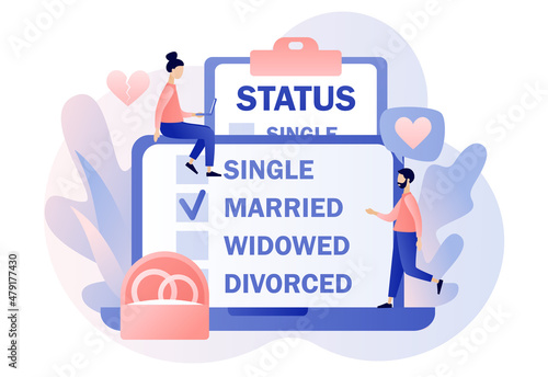 Marital status. Online checkbox list with single, married, widowed and divorced options for tiny people. Legal status change. Relationship concept. Modern flat cartoon style. Vector illustration