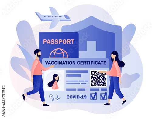 Vaccination certificate. Vaccine passport. People health passport of vaccination for covid-19. Travel during Coronavirus pandemic. Modern flat cartoon style. Vector illustration on white background