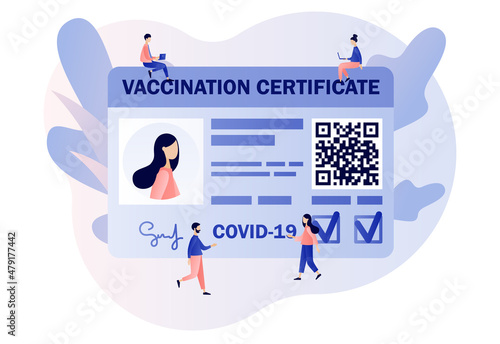 Vaccine passport. Vaccination certificate with QR code. People health passport of vaccination for covid-19. Travel during Coronavirus pandemic. Modern flat cartoon style. Vector illustration