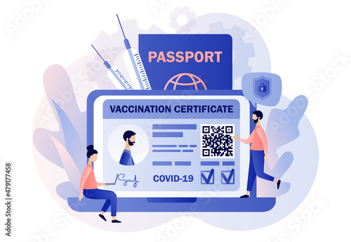 Vaccine passport. Vaccination certificate online. People health passport of vaccination for covid-19. Travel during Coronavirus pandemic. Modern flat cartoon style. Vector illustration 