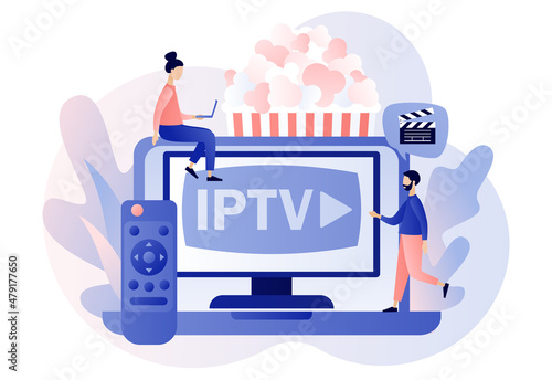 IPTV online in laptop. Tiny people watch digital media TV stream. Internet protocol television. Smart multimedia technology. Modern flat cartoon style. Vector illustration on white background