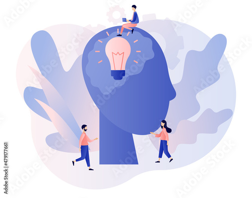 Big idea. Innovative lamp in head. Light bulb. Tiny people inspiration developing new business ideas. Thinking and brainstorm. Modern flat cartoon style. Vector illustration on white background