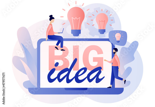 Big idea. Light bulb. Tiny people inspiration developing new business ideas online. Innovative lamp. Thinking and brainstorm. Modern flat cartoon style. Vector illustration on white background