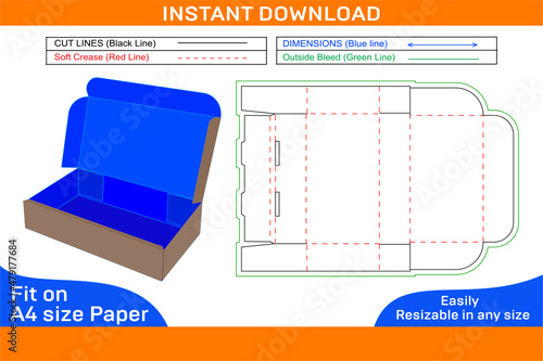 Roll end tuck top or RETT box, corrugated carton box dieline template and 3D render file Box dieline and 3D box