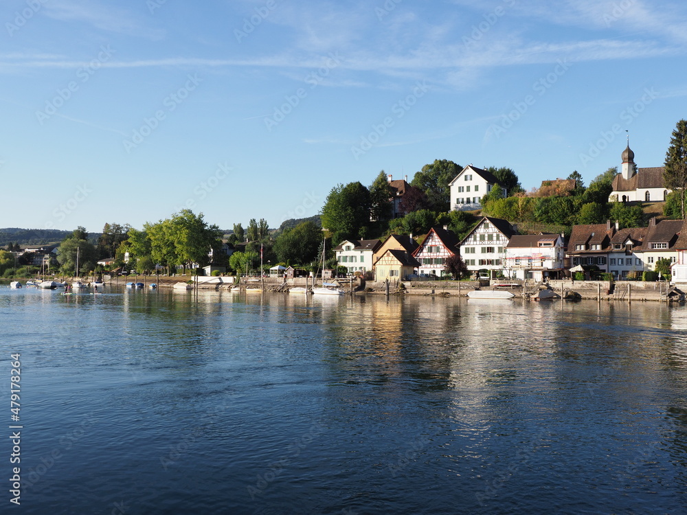 Panorama of Rhine River in european STEIN AM RHEIN town in SWITZERLAND