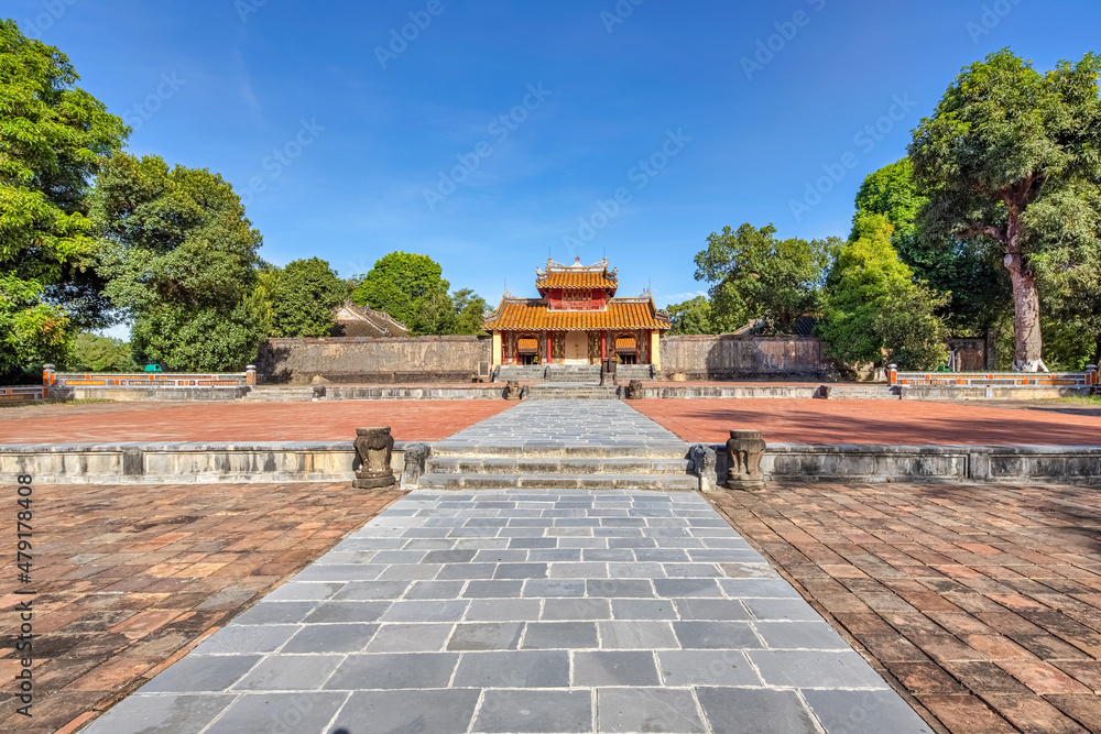 Minh Mang tomb near the Imperial City with the Purple Forbidden City within the Citadel in Hue, Vietnam. Imperial Royal Palace of Nguyen dynasty in Hue. Hue is a popular 