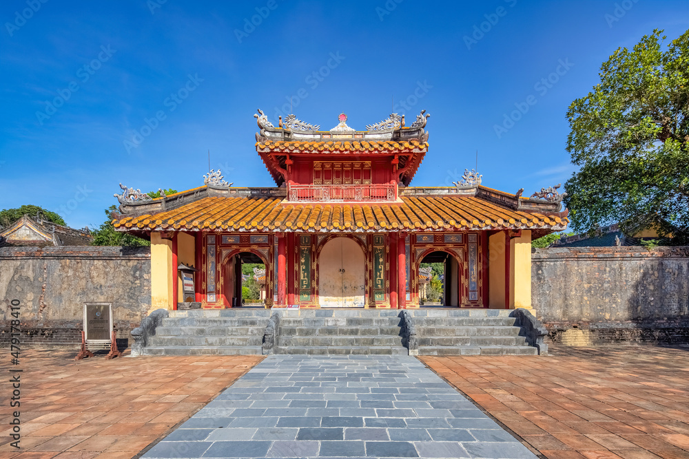 Minh Mang tomb near the Imperial City with the Purple Forbidden City within the Citadel in Hue, Vietnam. Imperial Royal Palace of Nguyen dynasty in Hue. Hue is a popular Minh Mang tomb near the Imperial City with the Purple Forbidden City within the Citadel in Hue, Vietnam. Imperial Royal Palace of Nguyen dynasty in Hue. Hue is a popular