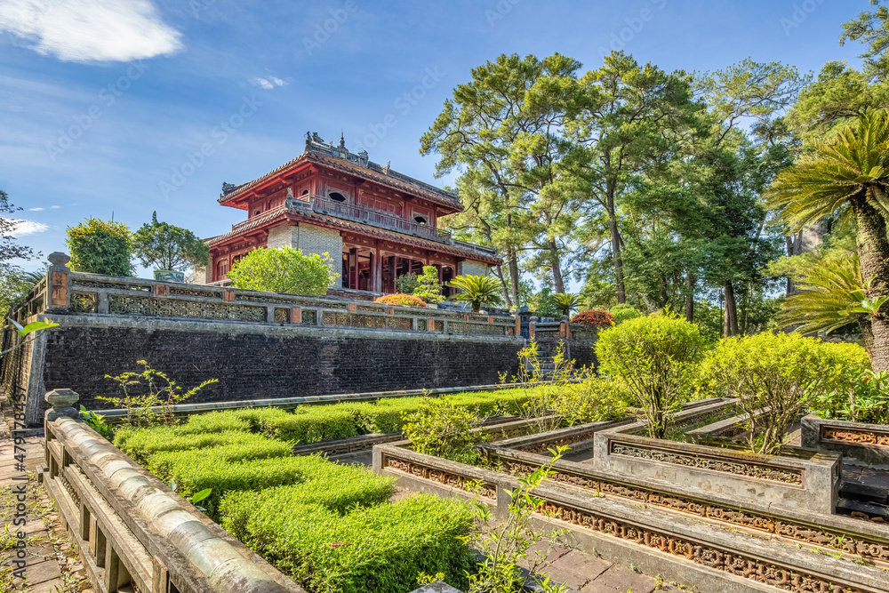 Fototapeta premium Minh Mang tomb near the Imperial City with the Purple Forbidden City within the Citadel in Hue, Vietnam. Imperial Royal Palace of Nguyen dynasty in Hue. Hue is a popular 