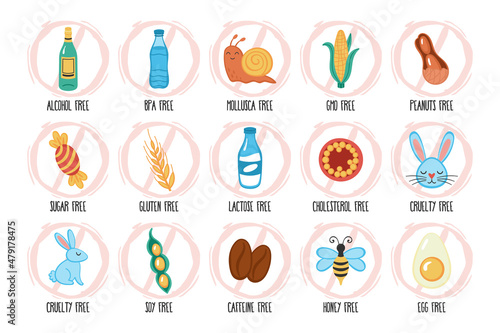 Allergy food hand drawn stickers set. Icons for restaurant menu design.