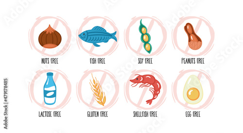 Allergy food hand drawn stickers set. Lactose free, egg, nuts, peanuts, shellfish, fish, soy and wheat. Labels for restaurant  menu design.