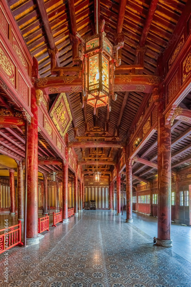 Obraz premium Wonderful view of the Thai Hoa palace in the Imperial City with the Purple Forbidden City within the Citadel in Hue, Vietnam. Imperial Royal Palace of Nguyen dynasty in Hue. Hue is a popular 