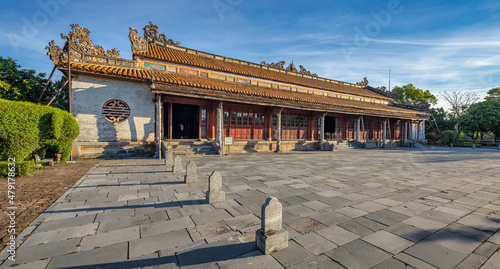 Wonderful view of the Thai Hoa palace in the Imperial City with the Purple Forbidden City within the Citadel in Hue, Vietnam. Imperial Royal Palace of Nguyen dynasty in Hue. Hue is a popular 