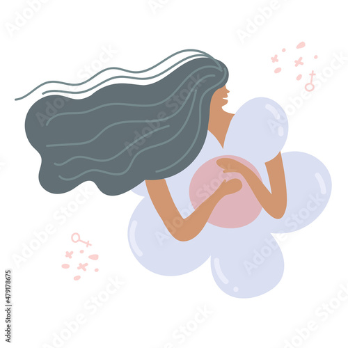 Young woman hugs a big flower with love and care. Girl with long hair Self care and body positive concept. Feminism, fight for your rights, girl power concept. self love