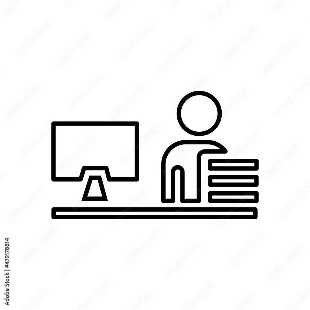 Office worker black outline icon. Computer work concept. Freelance. Distance working on laptop. Flat isolated symbol, sign for illustration, logo, app, banner, web design, dev, ui, gui. Vector EPS 10