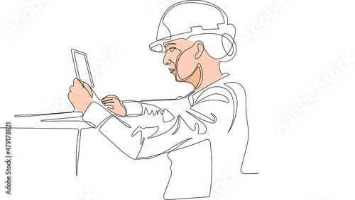 Continuous line drawing of a close-up of attentive female factory worker using digital tablet in factory. Vector illustration