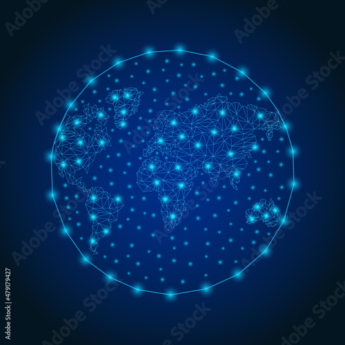 World map with lighting dots. Abstract polygonal Earth map. Vector illustration. Globalisation concept. 