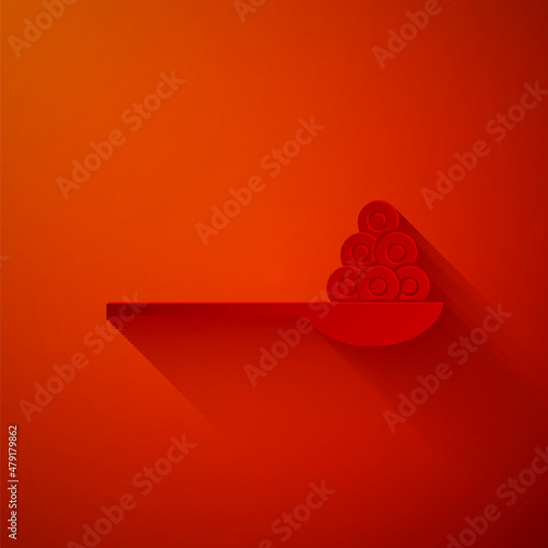 Paper cut Caviar on a spoon icon isolated on red background. Paper art style. Vector.