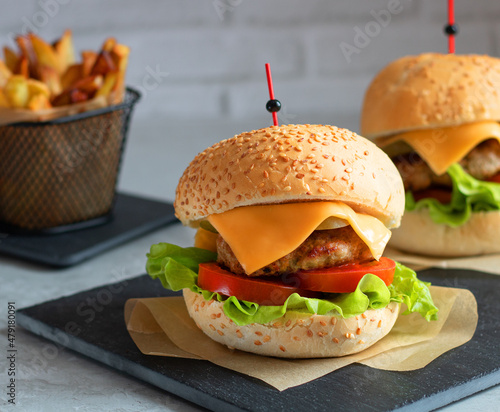 Fresh homemade burgers on black serving board, french fries, salad and tomatoes in the background. White background, selective focus.  Close-up.