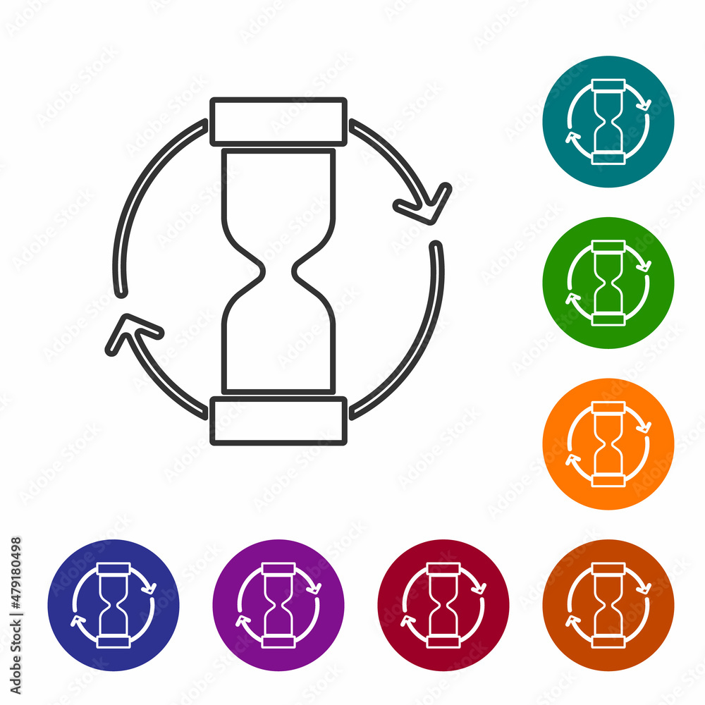 Black line Old hourglass with flowing sand icon isolated on white background. Sand clock sign. Business and time management concept. Set icons in color circle buttons. Vector Black line Old hourglass with flowing sand icon isolated on white background. Sand clock sign. Business and time management concept. Set icons in color circle buttons. Vector