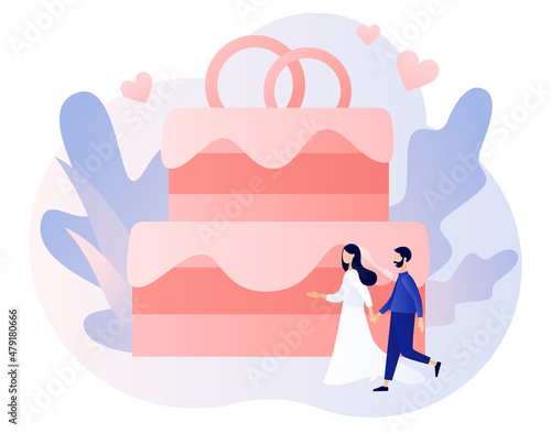 Married couple. Tiny people change marital status. Wedding with big wedding cake. Relationship concept. Legal status. Modern flat cartoon style. Vector illustration on white background