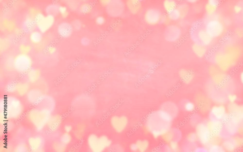 Love abstract background with hearts and bokeh lights, raster illustration in high resolution. Pink background with hearts for Valentine's Day.