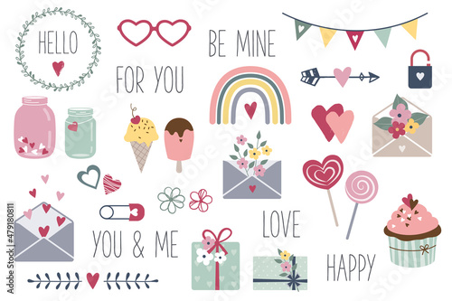 Valentine's Day design elements. Vector set. Hearts, flowers, letters, gift boxes, jars, ice cream, cupcake.