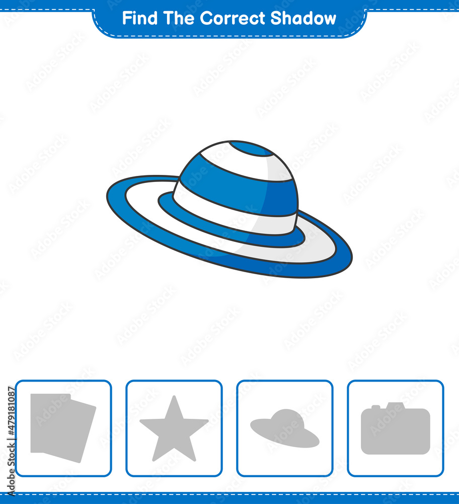 Find the correct shadow. Find and match the correct shadow of Summer Hat. Educational children game, printable worksheet, vector illustration Find the correct shadow. Find and match the correct shadow of Summer Hat. Educational children game, printable worksheet, vector illustration
