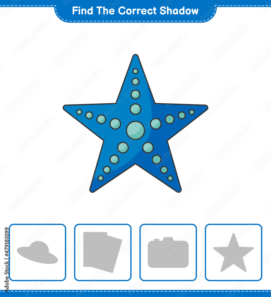 Find the correct shadow. Find and match the correct shadow of Starfish. Educational children game, printable worksheet, vector illustration Find the correct shadow. Find and match the correct shadow of Starfish. Educational children game, printable worksheet, vector illustration