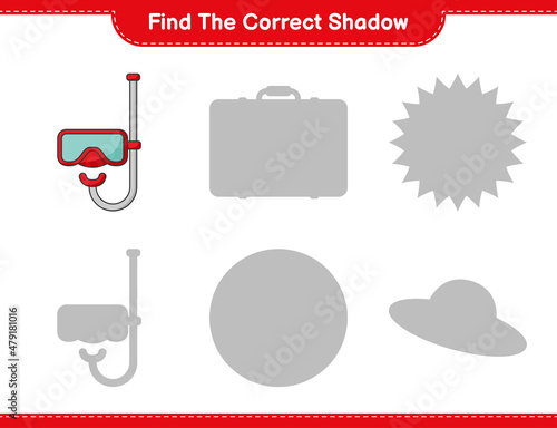 Find the correct shadow. Find and match the correct shadow of Scuba Diving Mask. Educational children game, printable worksheet, vector illustration