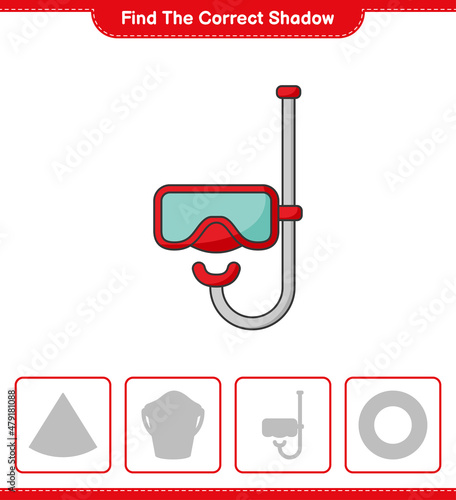 Find the correct shadow. Find and match the correct shadow of Scuba Diving Mask. Educational children game, printable worksheet, vector illustration