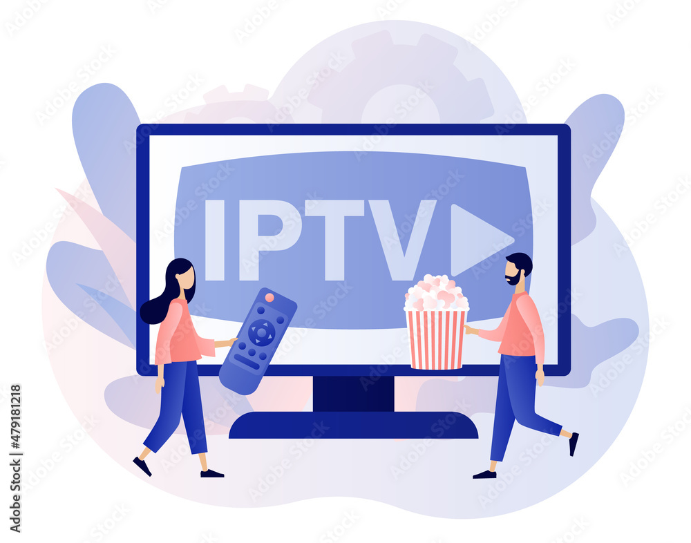 IPTV concept. Internet protocol television. Tiny people watch digital media TV  stream with popcorn. Smart multimedia technology. Modern flat cartoon  style. Vector illustration on white background Stock Vector | Adobe Stock