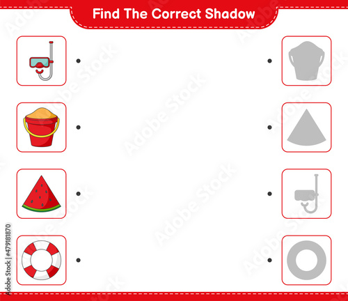 Find the correct shadow. Find and match the correct shadow of Scuba Diving Mask, Sand Bucket, Watermelon, and Lifebuoy. Educational children game, printable worksheet, vector illustration