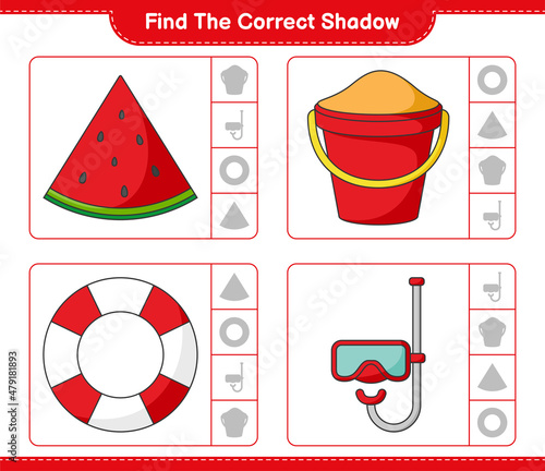 Find the correct shadow. Find and match the correct shadow of Scuba Diving Mask, Sand Bucket, Watermelon, and Lifebuoy. Educational children game, printable worksheet, vector illustration
