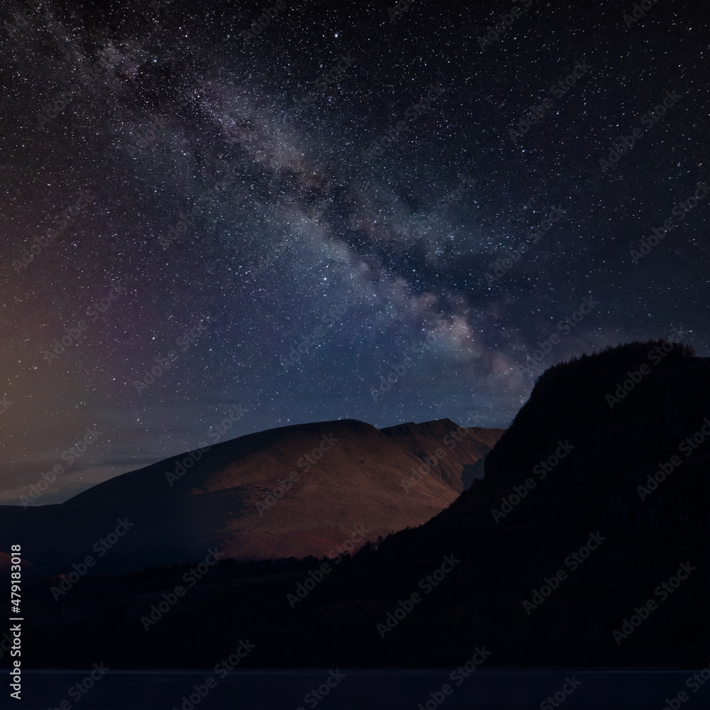 Digital composite image of Milky Way night sky over Landscape view across Derwentwater from Manesty Park towards Blencathra and Walla Crag
