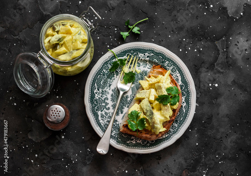 Curry, apples, onions pickled herring grilled toast on a dark background, top view Fotobehang