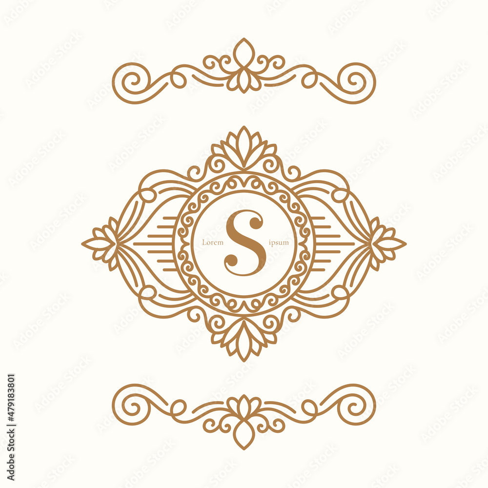 Linear frame with golden vector ornament on a white background. Elegant, classic elements. Can be used for jewelry, beauty and fashion industry. Great for logo, emblem, or any desired idea.