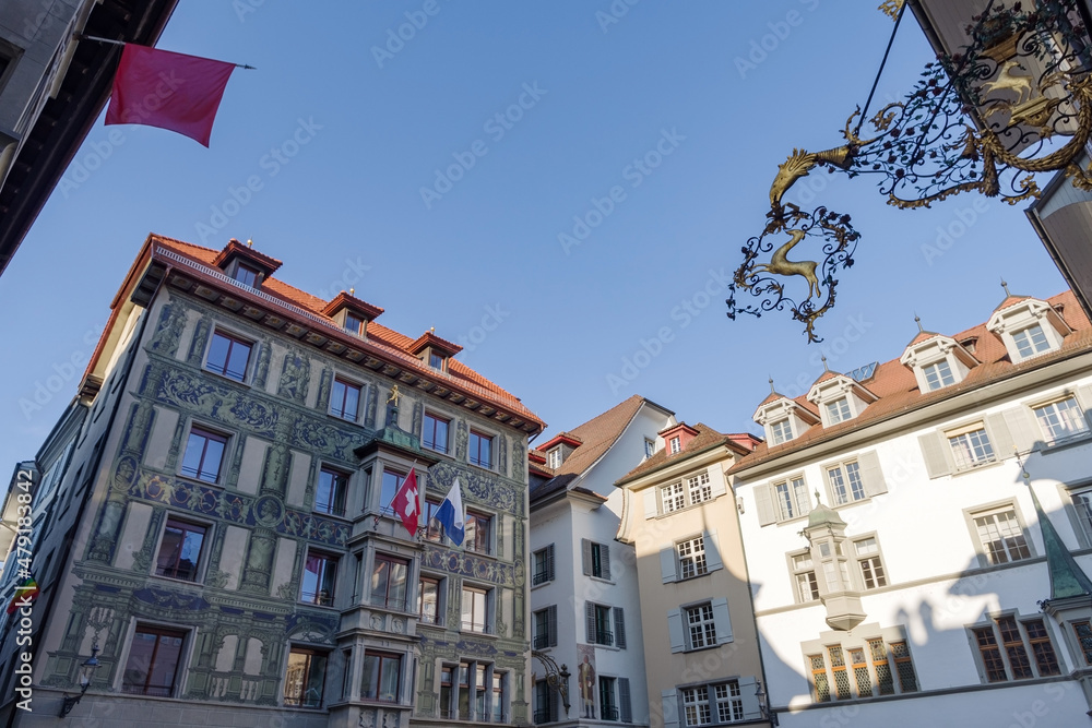 Facades of historic houses in Lucerne old town, Switzerland