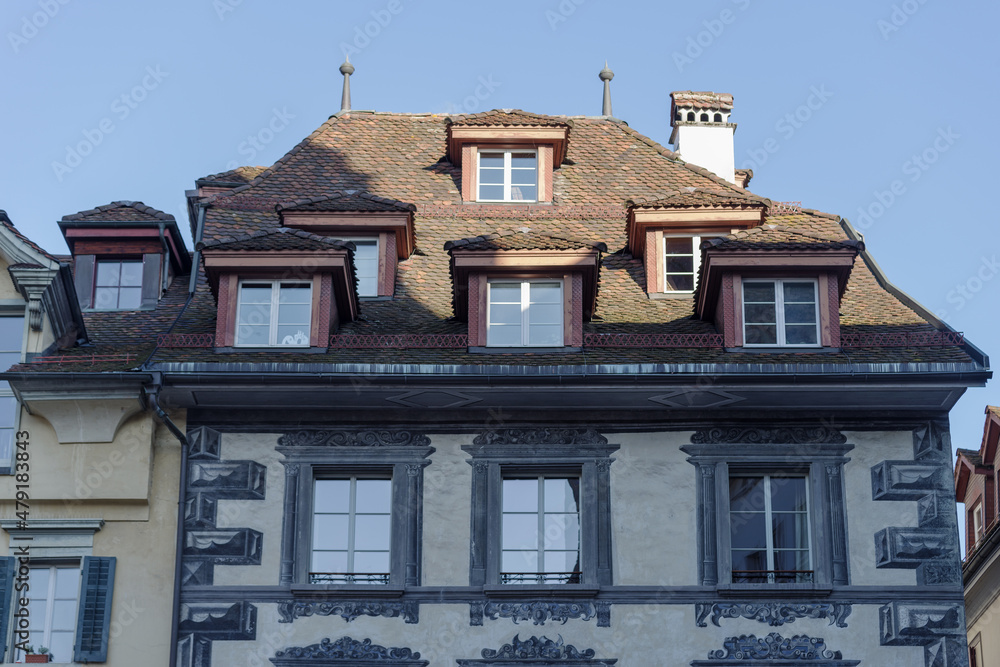 Facades of historic houses in Lucerne old town, Switzerland
