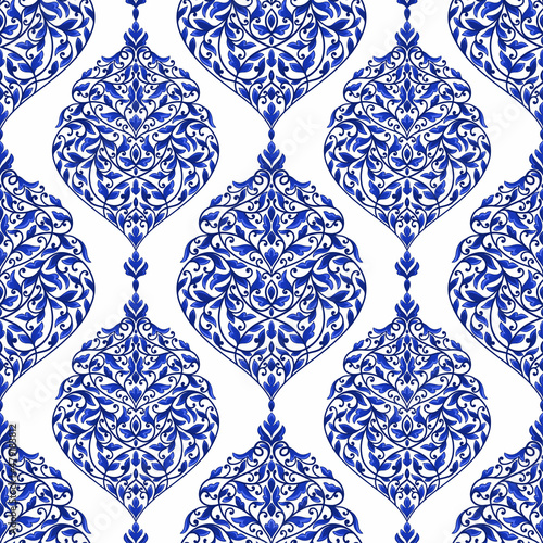 Blue and white damask vector seamless pattern. Vintage  paisley elements. Traditional  Turkish motifs. Great for fabric and textile  wallpaper  packaging or any desired idea.