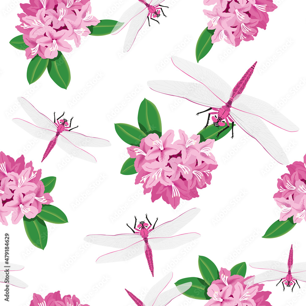 Seamless dragonfly and flowers pattern.Vector spring print.