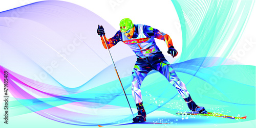 Olympic games Beijing 2022.The polygonal colourful triangles figure of a young man skier with on a blue background. Vector illustration in a geometric triangle of XXIV style Winter games