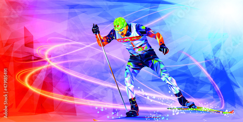 .The polygonal colourful triangles figure of a young man skier with on a blue background. Vector illustration in a geometric triangle of XXIV style Winter games