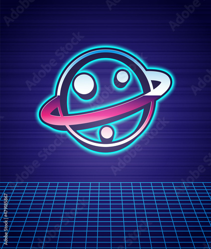 Retro style Planet Saturn with planetary ring system icon isolated futuristic landscape background. 80s fashion party. Vector