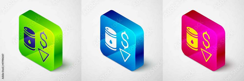 Isometric Drop in crude oil price icon isolated on grey background. Oil industry crisis concept. Square button. Vector Isometric Drop in crude oil price icon isolated on grey background. Oil industry crisis concept. Square button. Vector