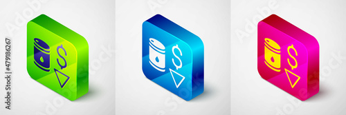 Isometric Drop in crude oil price icon isolated on grey background. Oil industry crisis concept. Square button. Vector