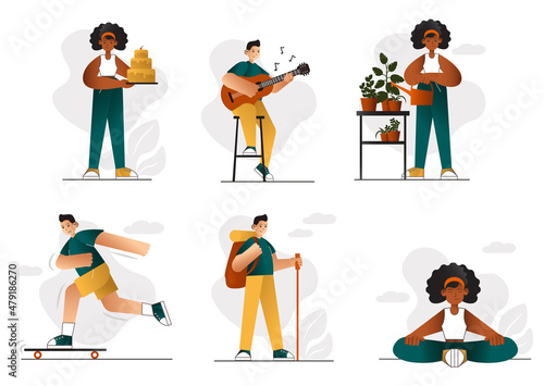 Set of illustrations of peples stay at home and have fun hobby - relaxation, leusure, cooking, craft, music etc. Vector eps10 isolated on white. Cartoon person character relax indoor on quarentine.